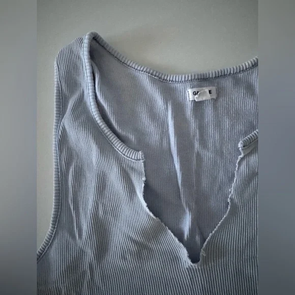 GARAGE VNECK CUT OUT CROPPED RIBBED BLUE TANK TOP HALTER IN SIZE MEDIUM - Picture 3 of 4